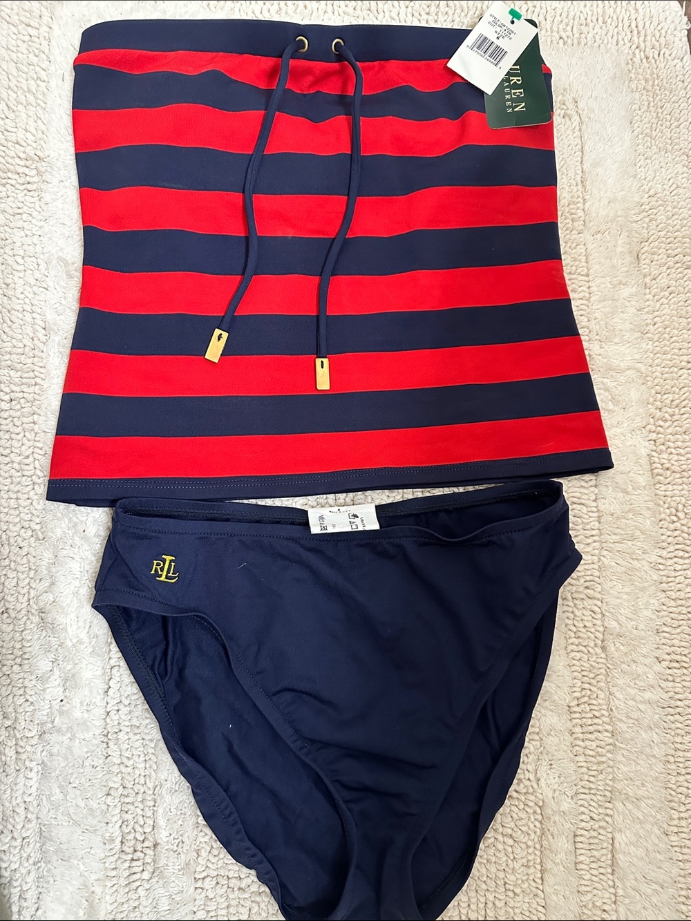 Ralph Lauren Red & Navy Striped Tankini with Navy Bottoms